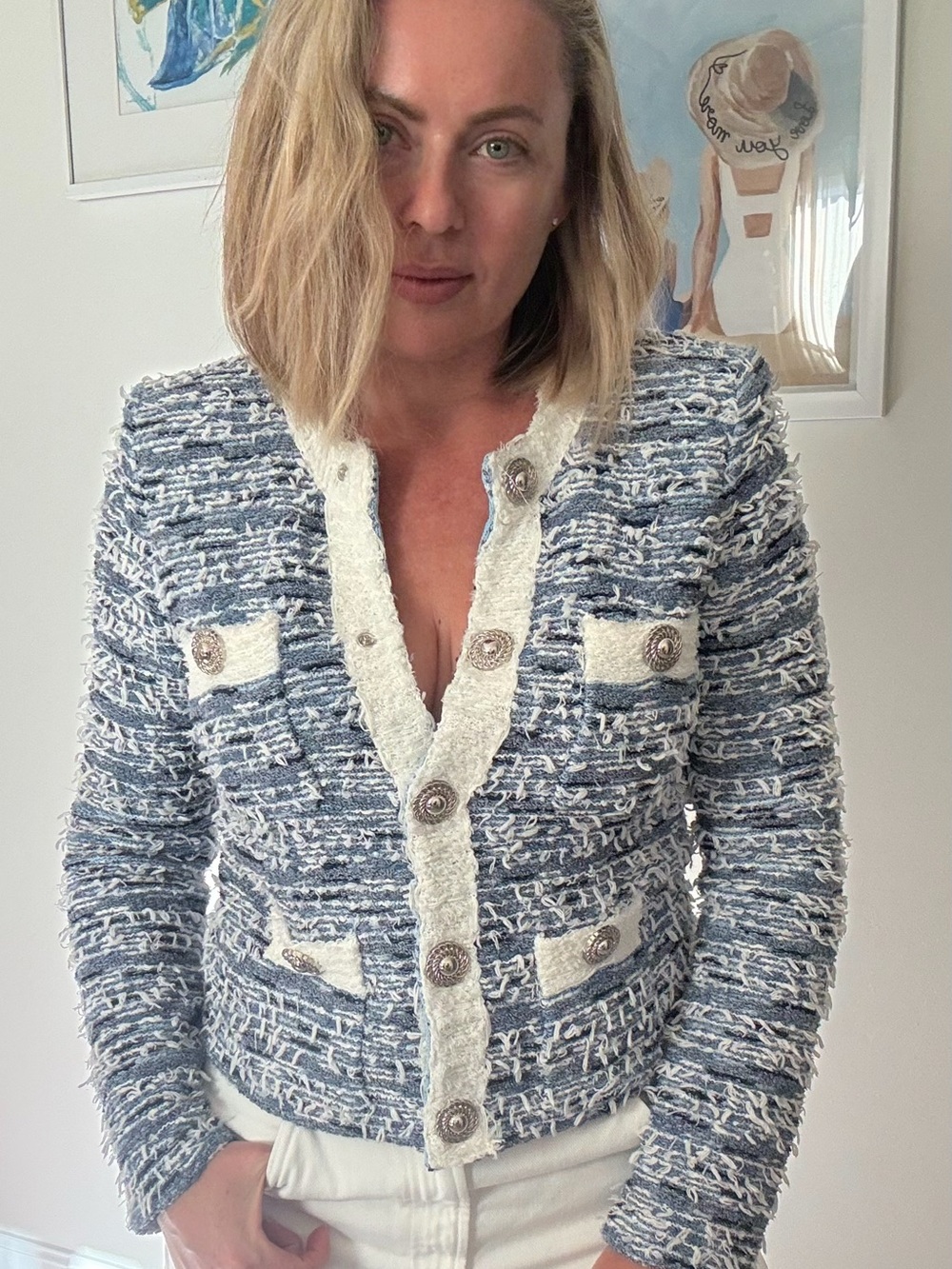 Vintage Pookie & Sebastian Blue White Bouclé Tweed Blazer Jacket Size 6 USA - Picture 2 of 9